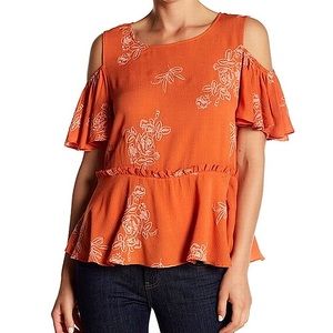 NWOT Ro & De Rust Ivy Floral Embroidered Cold Shoulder Top ORANGE - SIZE S